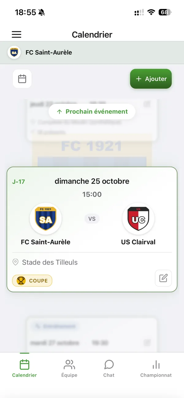 Le calendrier de l'app : prochain match avec date, heure, adversaire et terrain